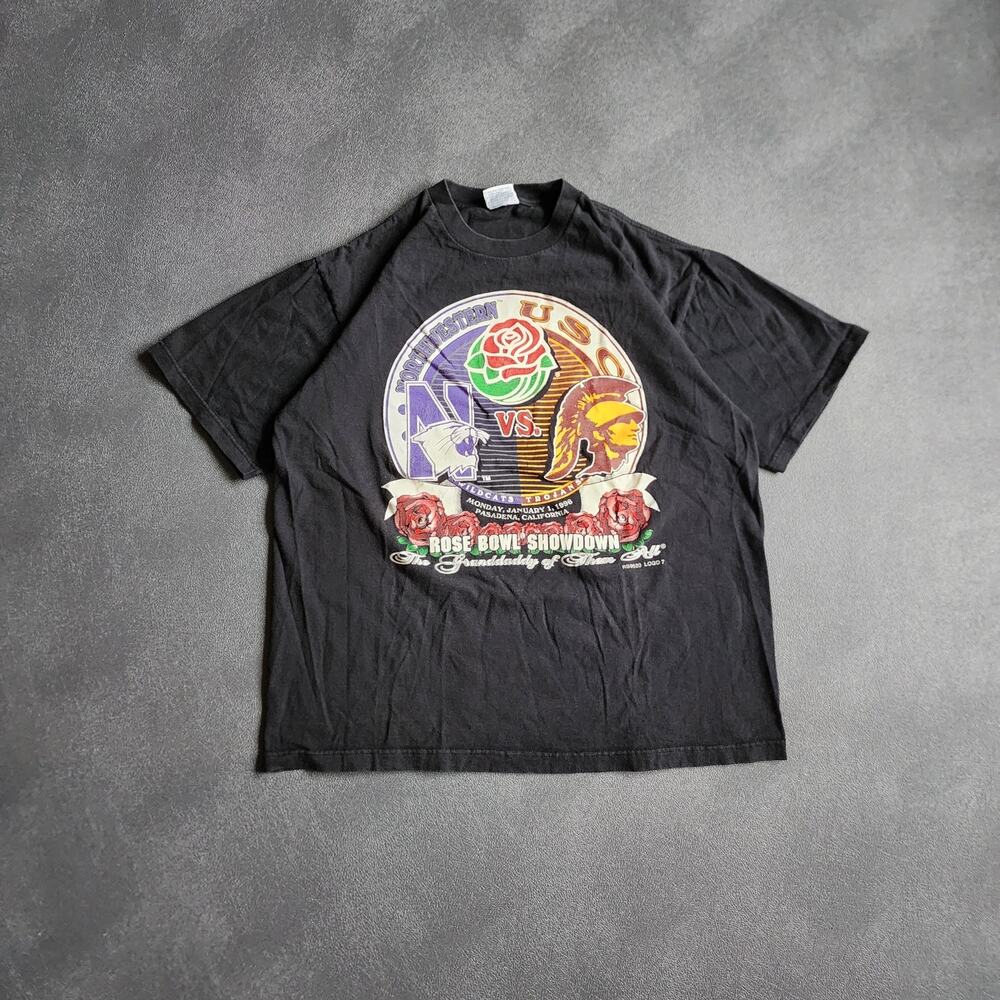 Vintage 1996 Northwestern Wildcats vs USC Trojans Rose Bowl Black Shirt XL